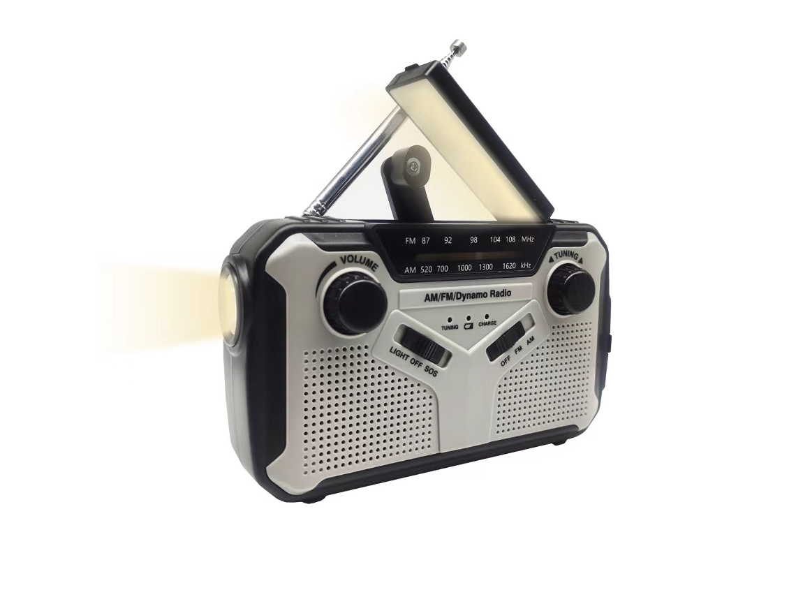 Radio portátil de emergencia AM/FM Viewleaf con carga solar y manivela, batería recargable de 4000 mAh, linterna LED y alarma SOS para rescate.