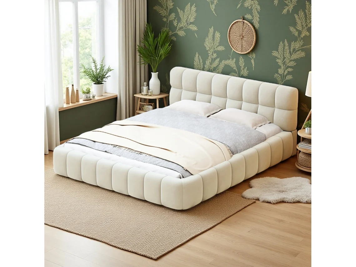 Cama Matrimonial 140x190cm, Camas De Matrimonio De Lino Gris Con Cabecero De 8 Cuadros Y Borde Ondulado, 250kg, Estilo Moderno Y Elegante
