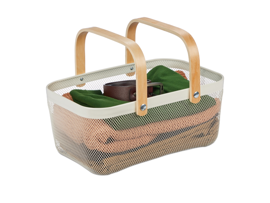 Relaxdays Cesto De Arame Quadrado Com Pega, Cesto Em Metal E Madeira Para Utensílios De Cozinha, Branco
