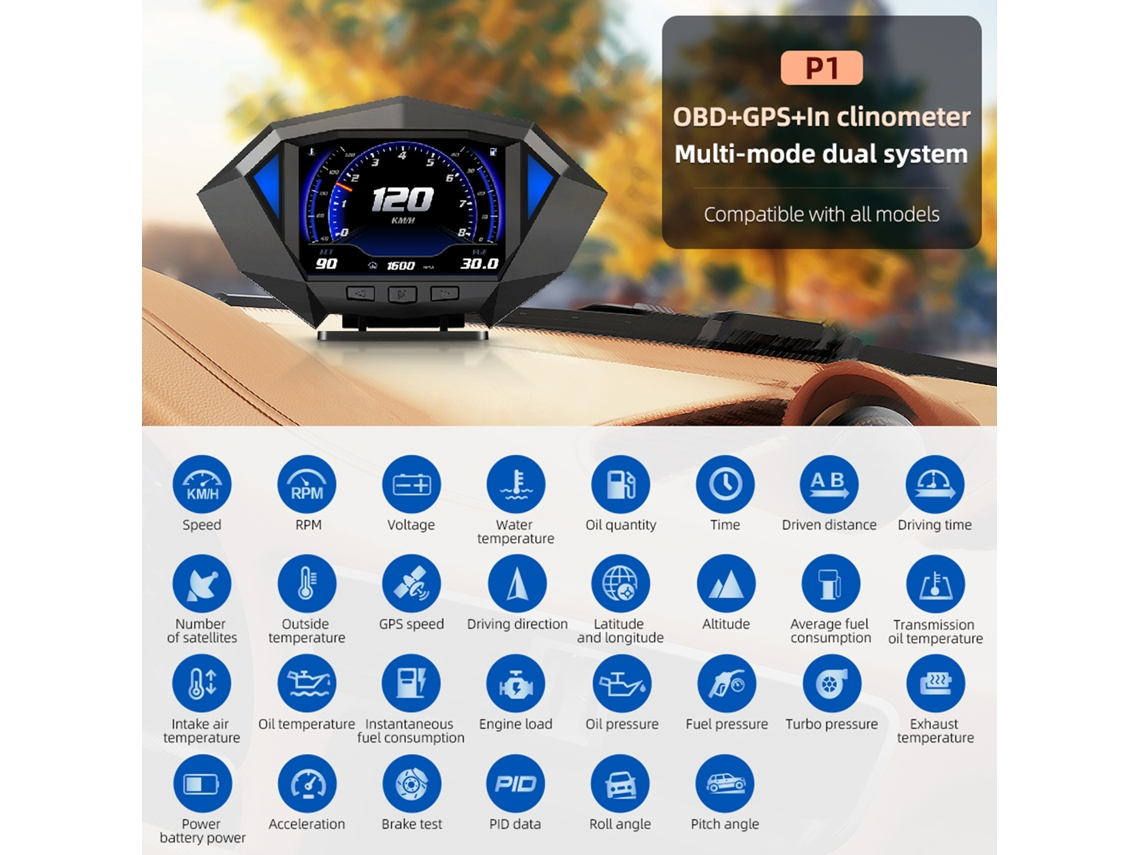 Inclinómetro para coche inteligente, GPS, velocidad, OBD, voltaje, temperatura del agua, pantalla de alarma