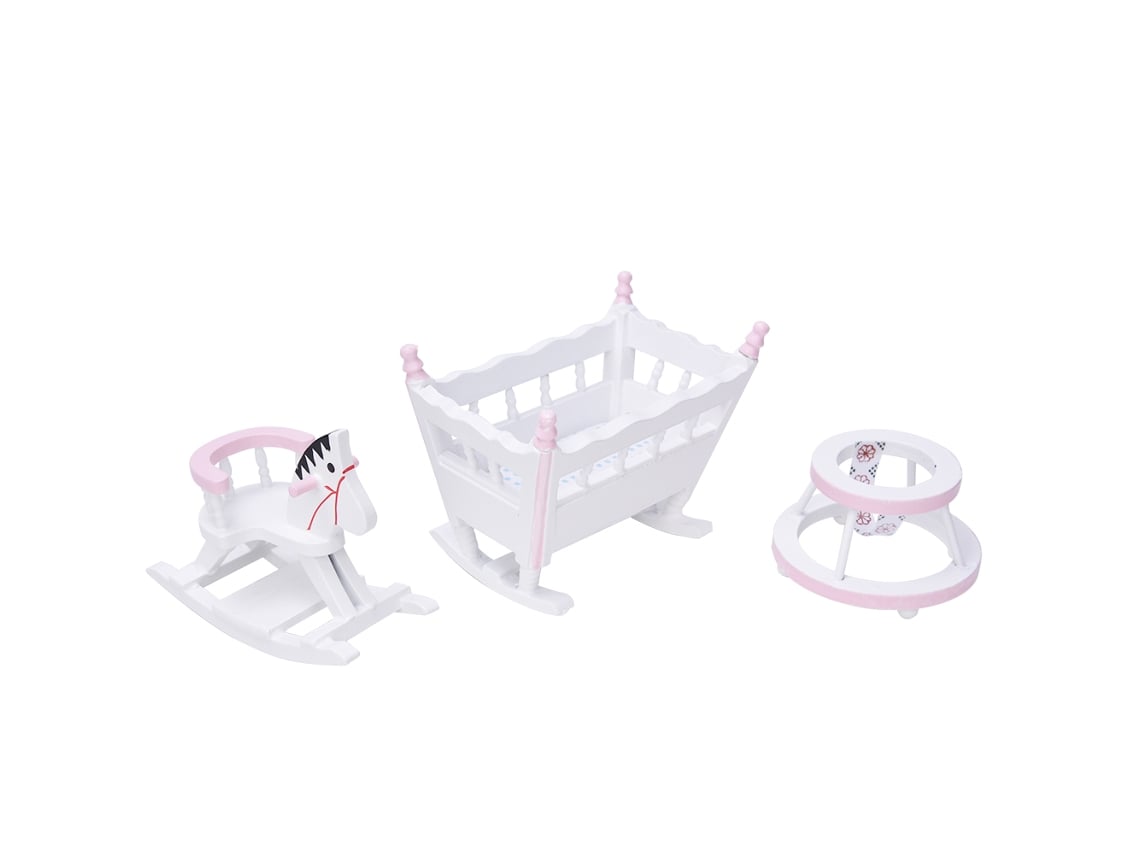 Conjunto Móveis Mini Casa De Bonecas 1:12 Berço Cavalo Carrinho Madeira Branco