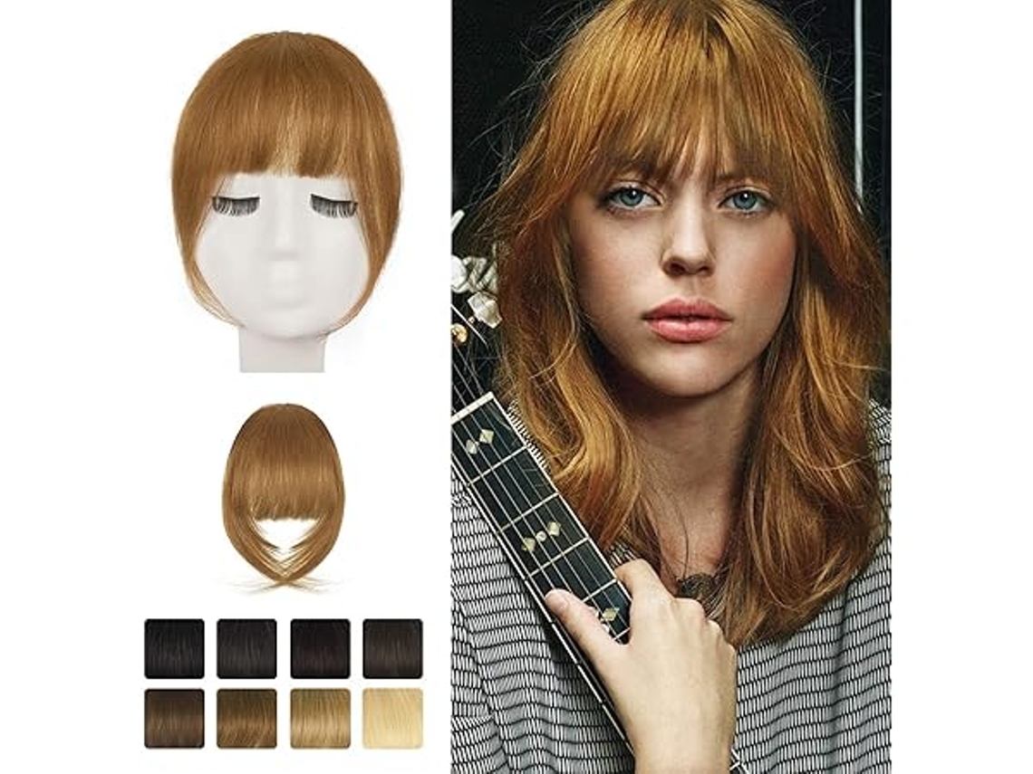 Flequillo francés castaño claro con pinzas, extensiones laterales incluidas, cabello humano para un look relajado y natural para el día a día...