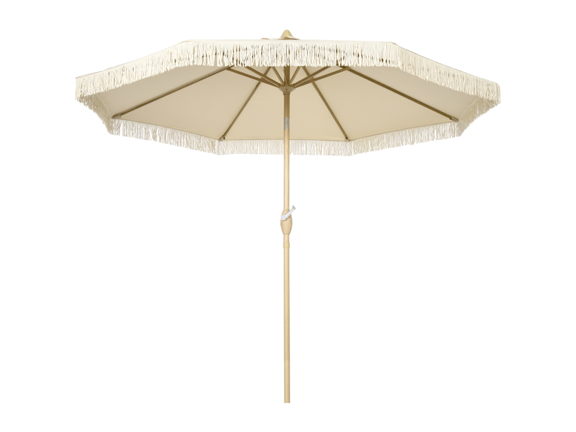 Sombrilla De Jardín Ø265x244 Cm Con Manivela Manual Ángulo Ajustable Y Flecos De Estilo Boho Para Terraza Piscina Crema