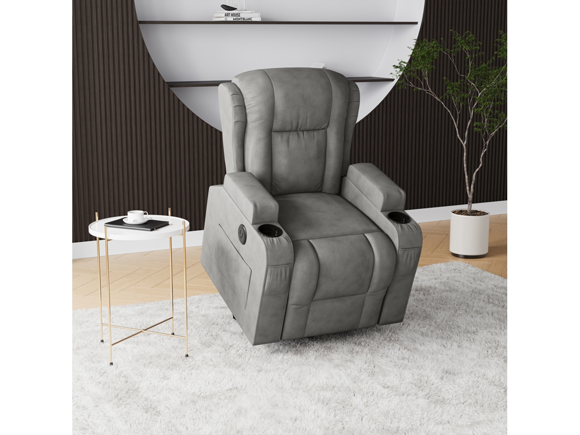 Sillón Masaje Eléctrico Simurq Tela Acolchada Gris 93x102x105cm Power Lift 8 Puntos Masaje Calefacción Usb Portavasos Sala Estar