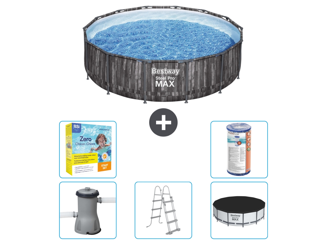 Piscina BESTWAY Round Steel Pro MAX - Impresión en madera - 427 x 107 cm - Incluye bomba - Escalera - Cobertor Paquete de mantenimiento - Filtrar