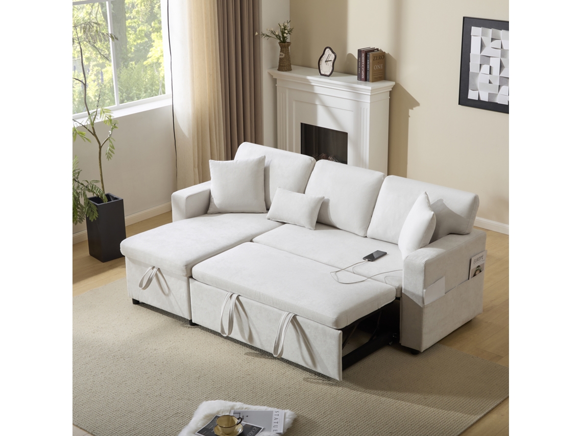 Sofá cama modular en forma de L con espacio de almacenamiento, estante y puerto USB, color beige.