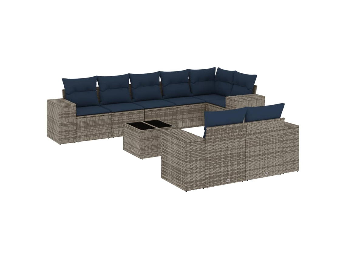 Conjunto de sofá de jardín de 9 piezas con cojines, ratán gris. EXCLUSIVO DE MAISON.