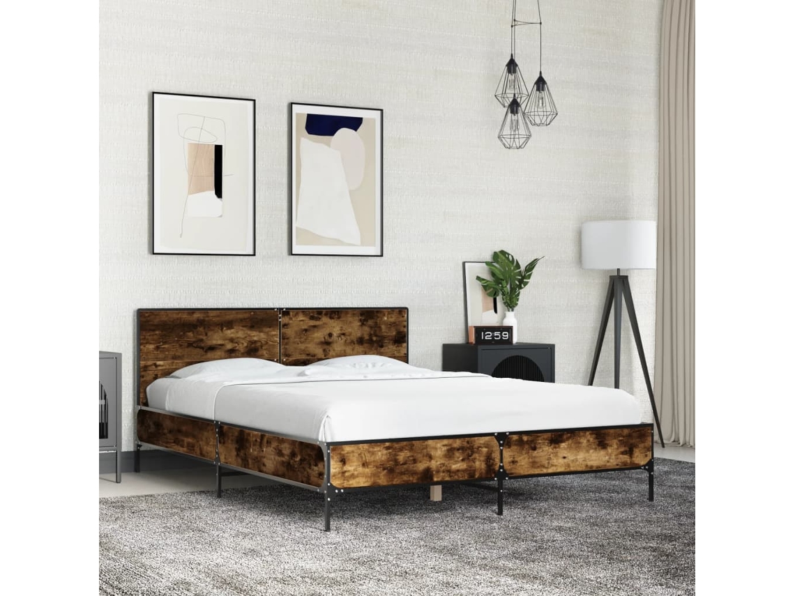 Estructura Cama Madera Ingeniería Metal Roble Ahumado 140x190cm