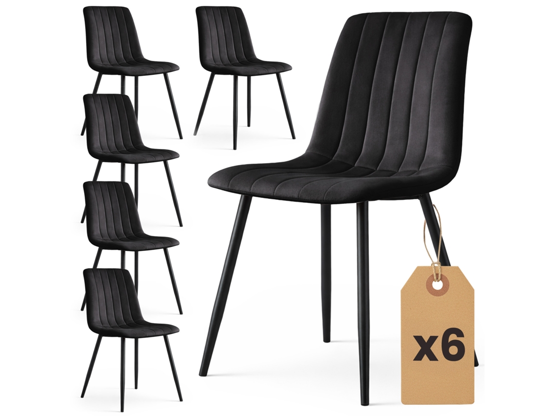 Set De 6 Sillas De Terciopelo Acolchadas Livo Negro Patas Negras