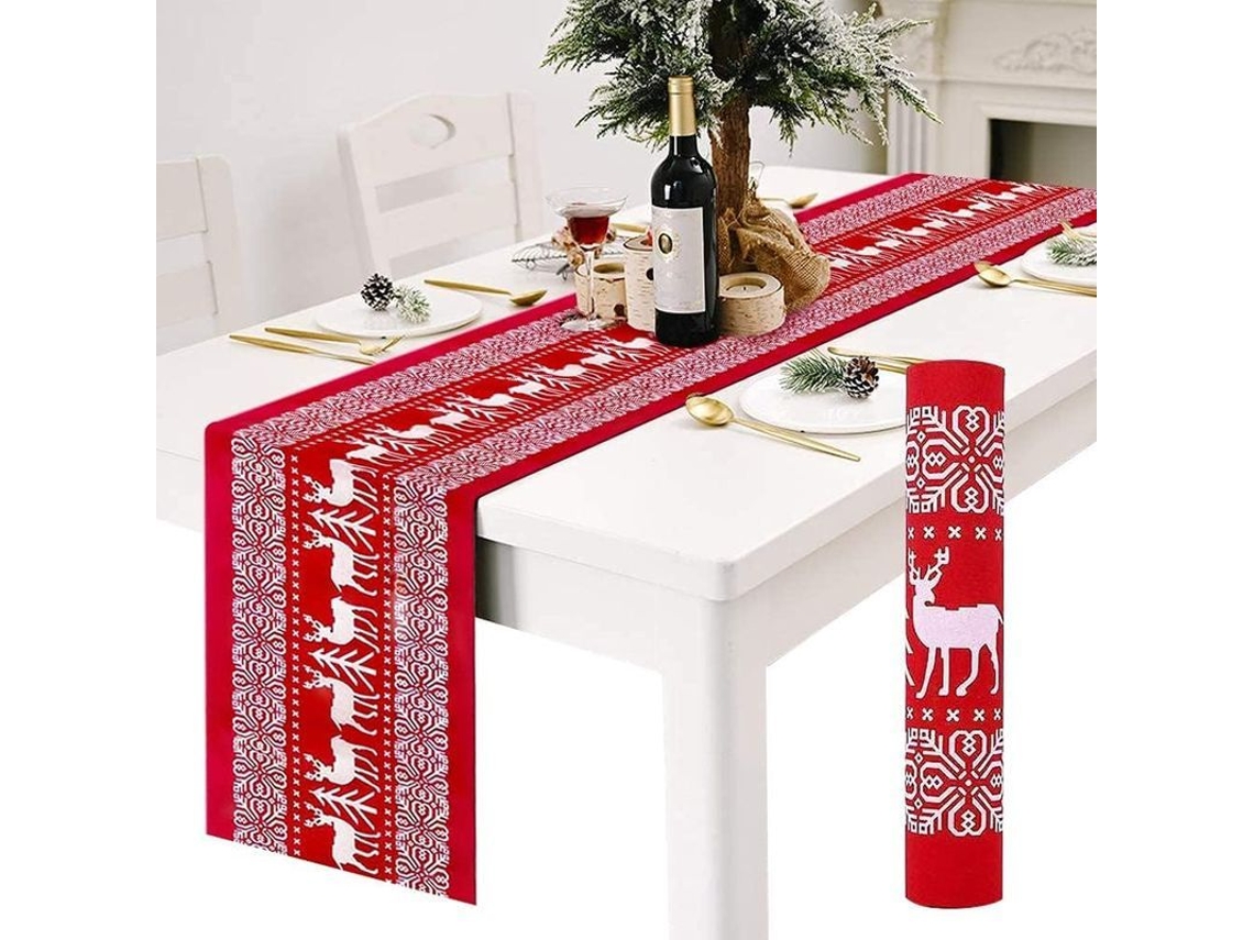 Camino De Mesa Navideño, Lino Rojo Con Diseño De Renos Blancos, Antiadherente, 28 X 270 Cm
