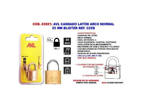 Avl candado laton a-normal 25 m.m. blister c25b
