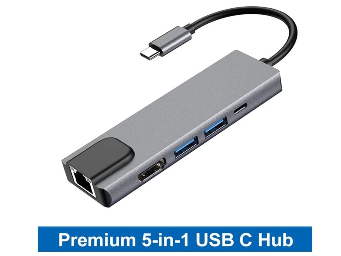 Adaptador multipuerto Ethernet Hub USB C 5 en 1 con puerto Ethernet Gigabit 4k Hdmi gris Yizhood