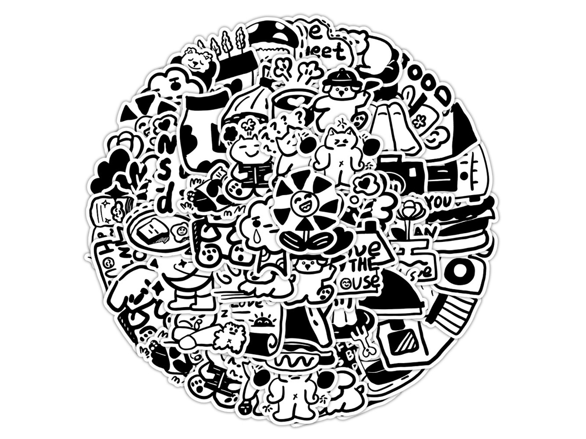 Elegantes pegatinas de vinilo en blanco y negro para personalizar en diversas superficies. Calcomanías impermeables para portátiles con ilustraciones de alta resolución.