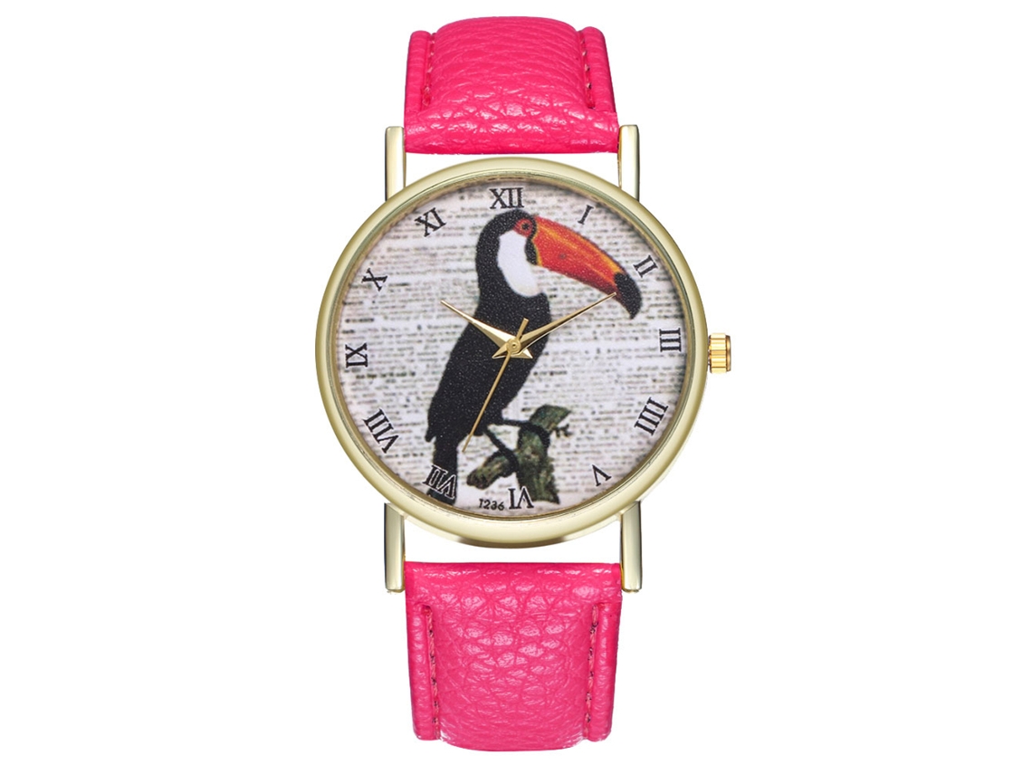 Reloj Analógico De Cuarzo Con Correa De Pu Ave Bonita Para Mujer Y Hombre (rojo Rosa)