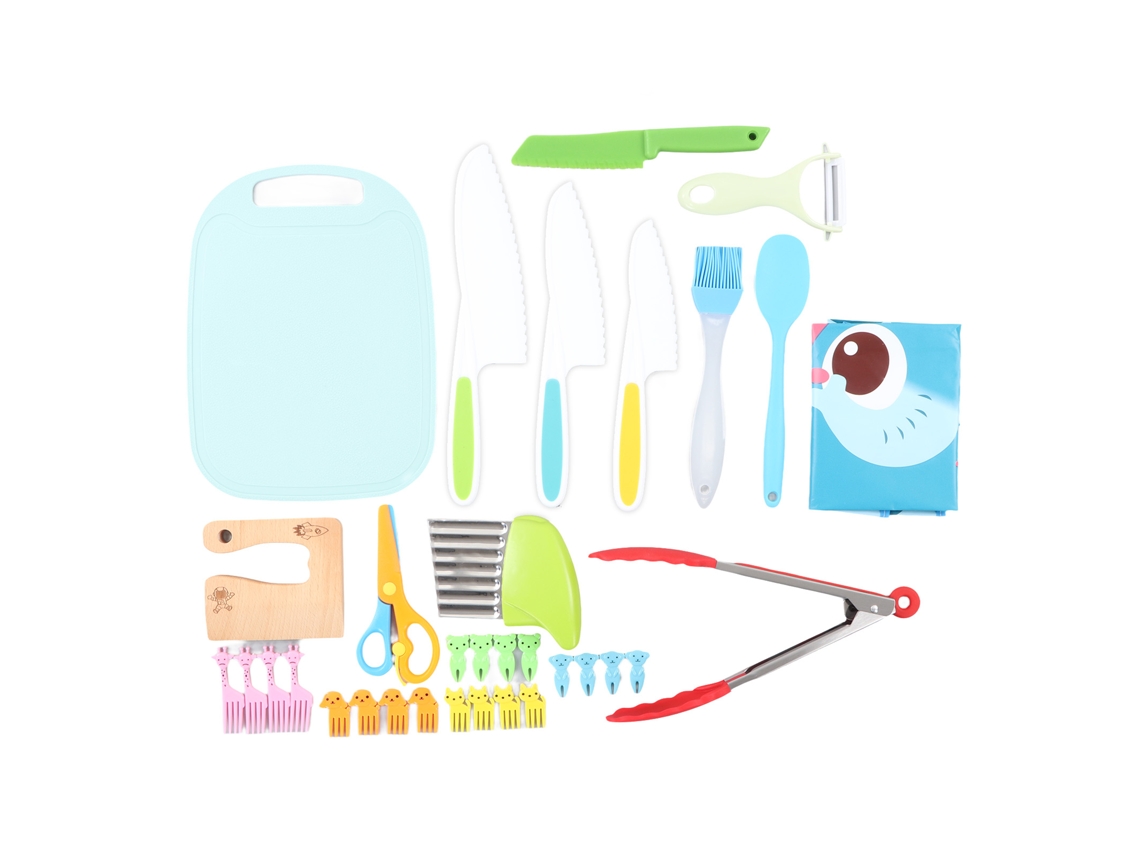 Set De 33 Cuchillos De Cocina Para Niños Cuchillos De Madera Y Plástico Con Bordes Aserrados Pelador Y Tabla De Cortar