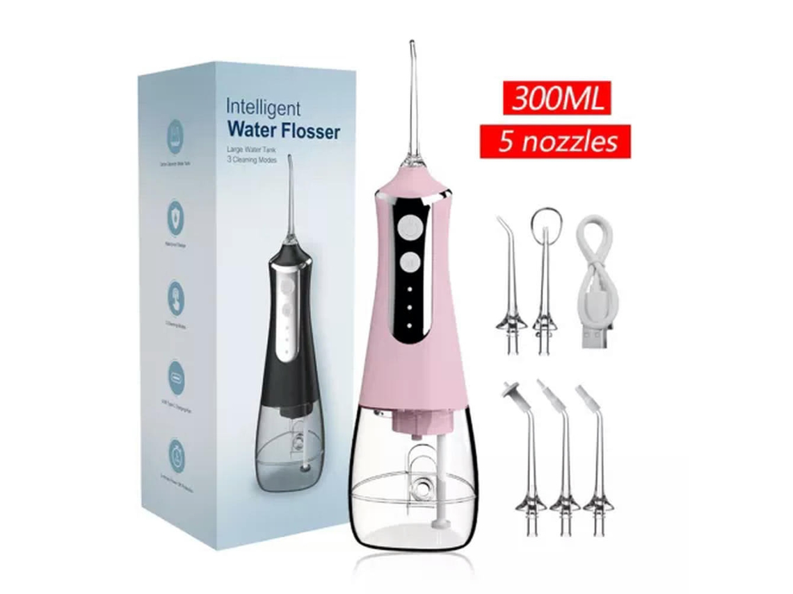 Irrigador Bucal 5 Boquillas 3 Modos Usb 300ml Depósito Rosa Gertiz