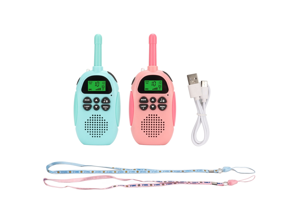 Radio inalámbrica infantil azul y rosa con alcance de 3 km y juguete interactivo.