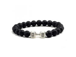 Pulsera de levantamiento de pesas en piedra volcánica negra natural 2026 con perlas esmeriladas para hombres y mujeres, joyería deportiva, lava negra y plata.