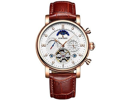 VEANXIN Reloj de pulsera mecánico resistente al agua con correa de cuero marrón y negro para hombre-oro rosa blanco