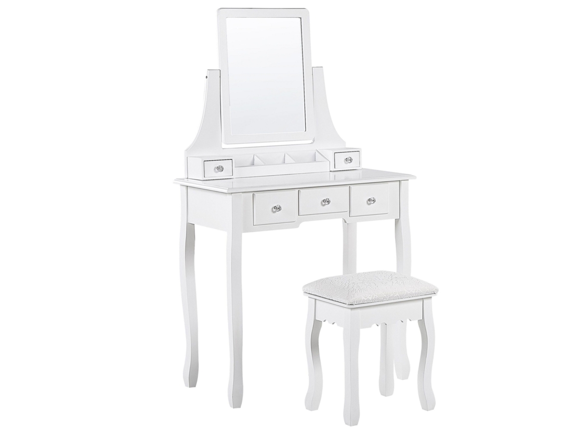 Tocador 5 cajones con espejo rectangular y taburete blanco BELIANI Rayon