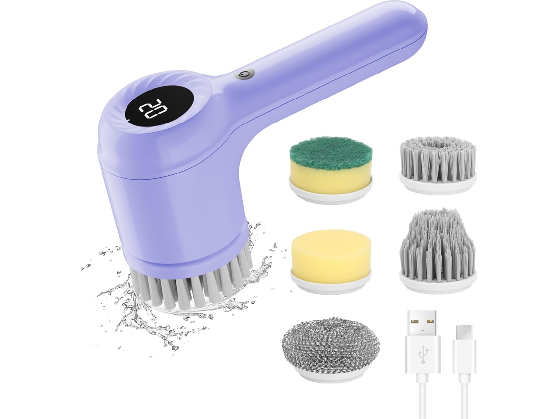 Cepillo de limpieza eléctrico con pantalla LED, 2 velocidades ajustables, 5 cabezales reemplazables (morado) Gertiz