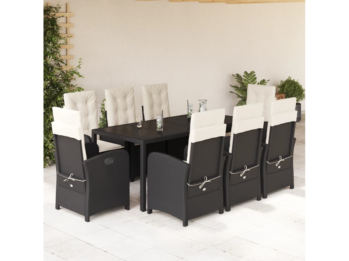 Juego de comedor de jardín de 9 piezas con cojines, mimbre sintético negro, DKD Home Decor
