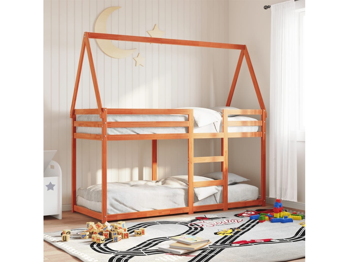 Cama Litera Con Techo Madera Maciza Pino Marrón 90x200 Cm