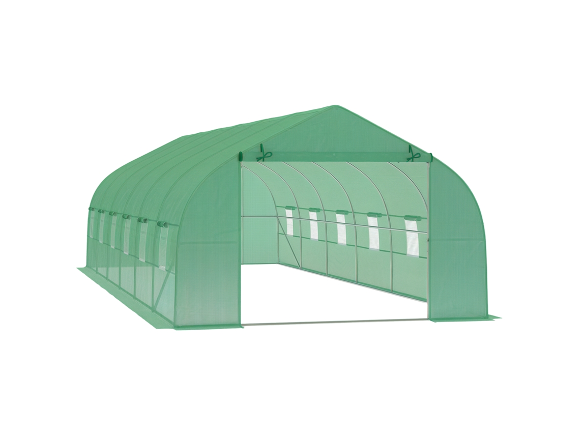 VPMKP - Invernadero túnel Outsunny 8x3x2 m 12 ventanas puerta enrollable PE140 verde