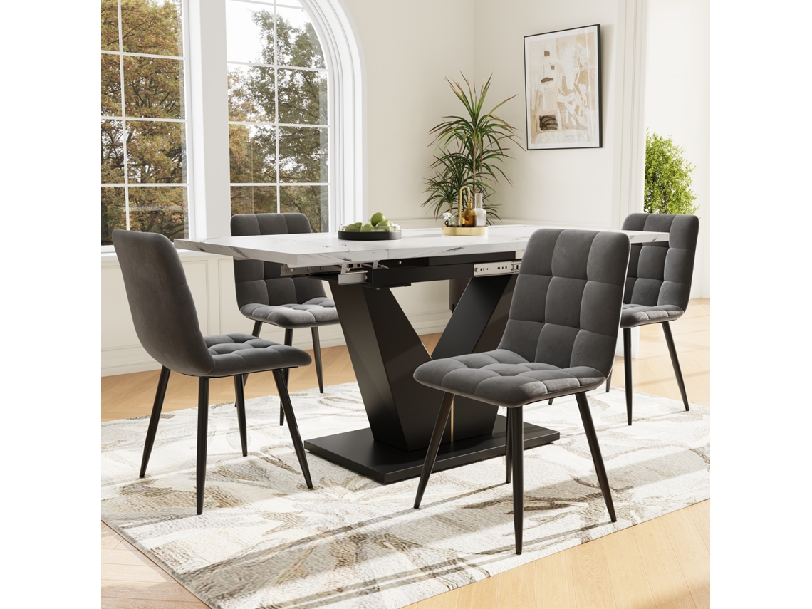 Conjunto Mesa Y Sillas 5 Piezas - Mesa Extensible, Patas V Negras, Tablero Mármol Blanco, Sillas Terciopelo Gris