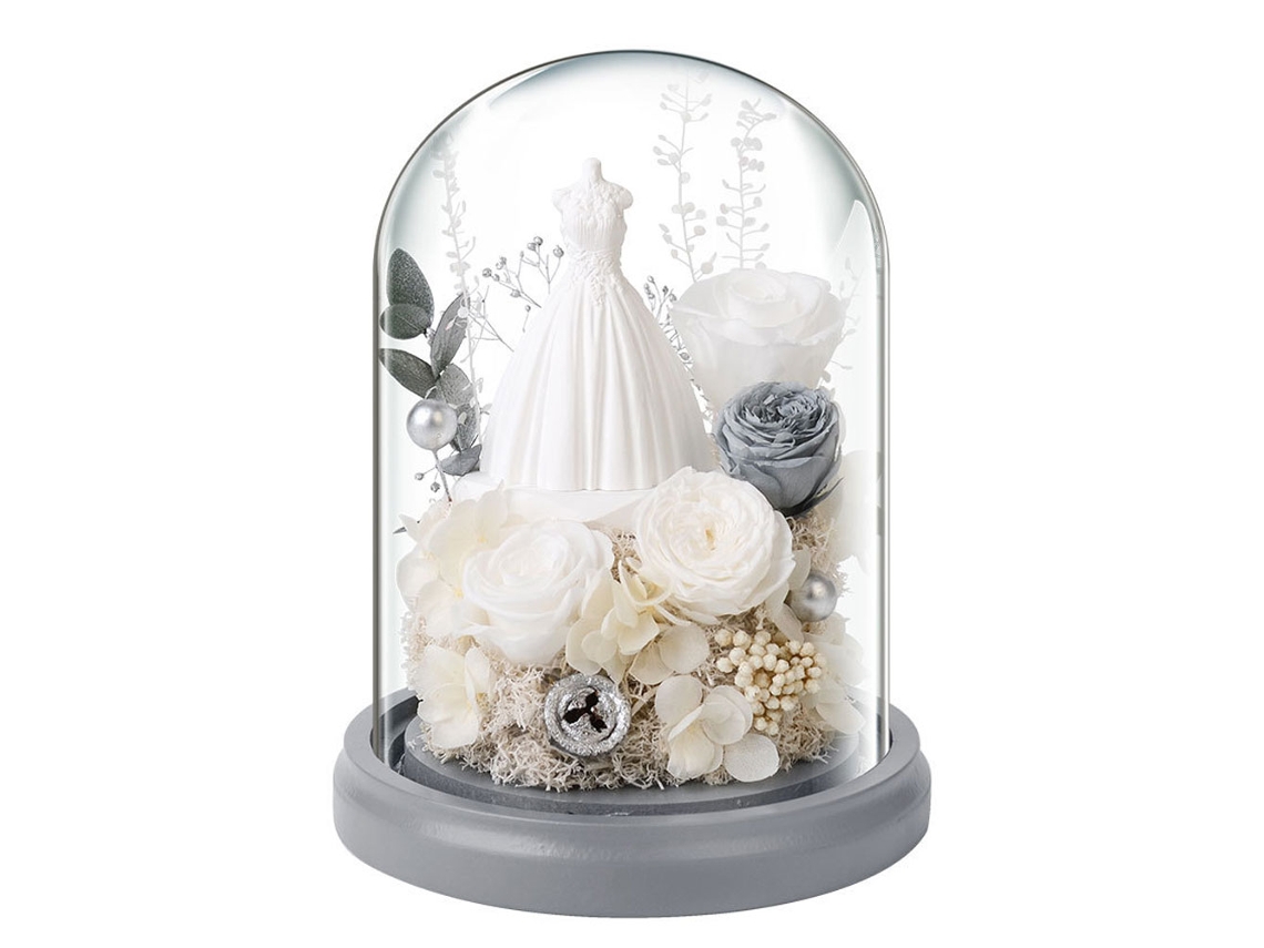 Decoración de flores eternas con rosa y vestido de novia de flores secas en cúpula de cristal con luz para regalos de cumpleaños y fiestas JEIIBRZUI