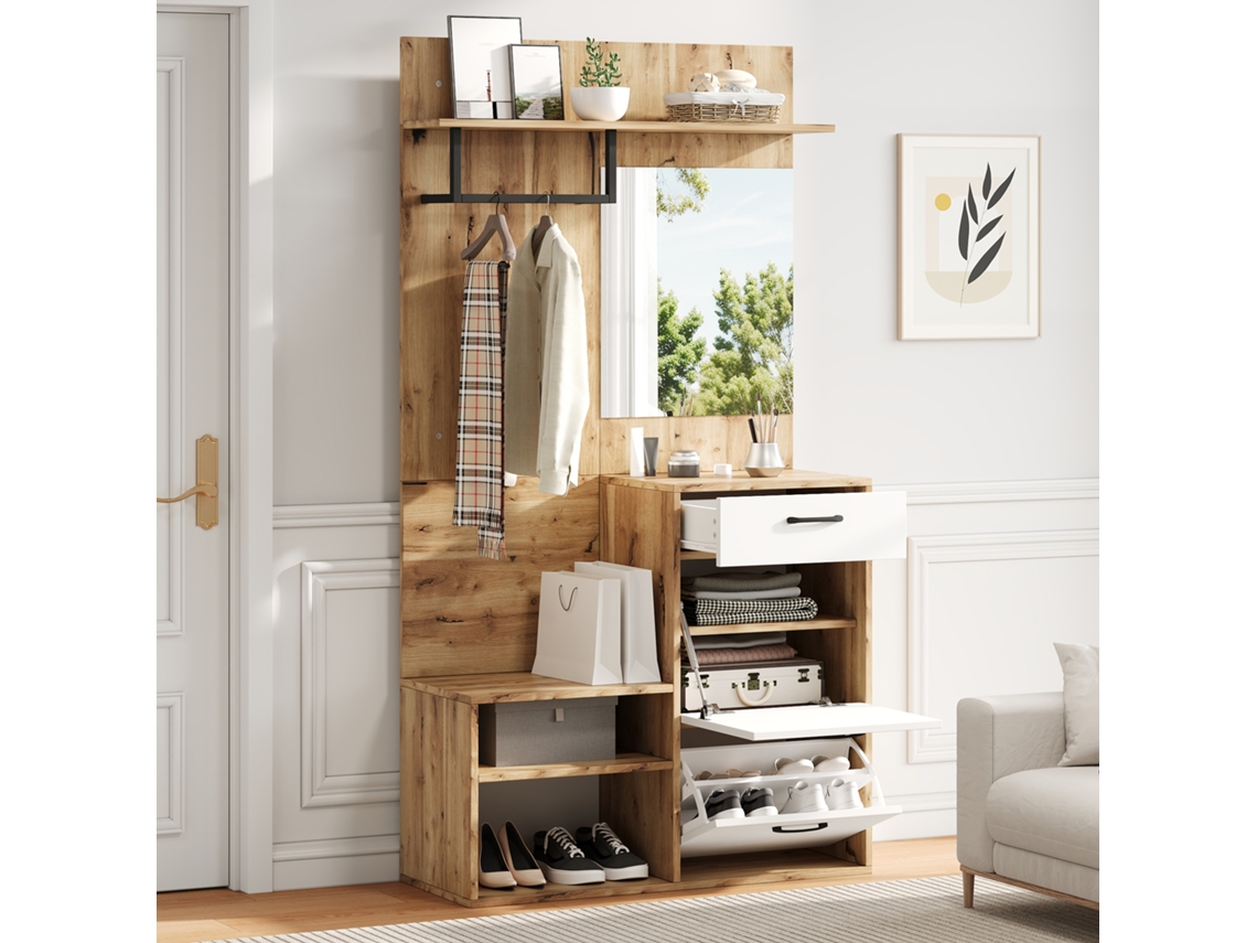 Set De Guardarropa 100x38,5x190 Cm Con Espejo, Zapatero, Armario, 1 Cajón Y 2 Armarios - Blanco/madera