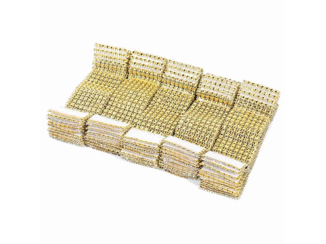 50 anillos para servilletas de malla de diamante, 8 filas, para bodas, Navidad, lazos dorados para sillas