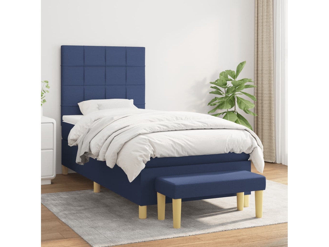 Cama Box Spring Con Colchón Tela Azul 100x200 Cm