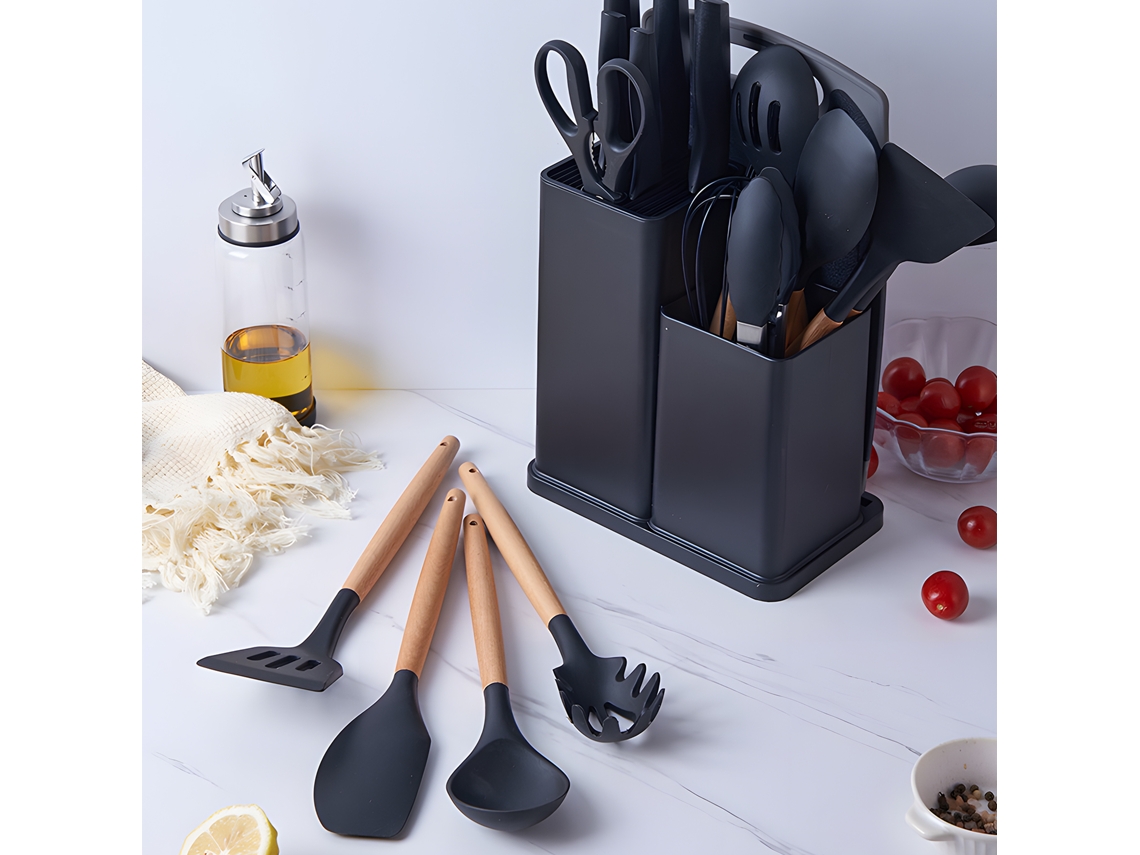 Juego De Utensilios De Cocina 19 En 1 Con Silicona Resistente Al Calor Y Cuchillos Afilados Con Tabla De Cortar.