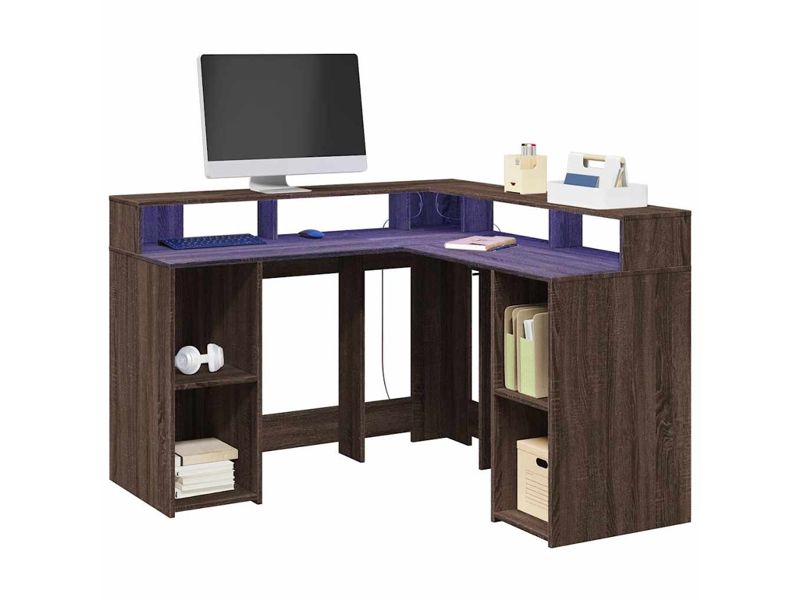 Escritorio | Mesa | Escritorio con luces LED fabricado en madera de roble marrón.