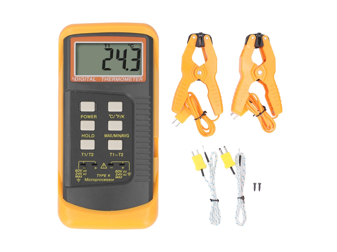 Termómetro Digital Tipo K Con Dos Sondas Termopar -50 A 1370 °c Lcd Bivolt Dc60v Ac24v