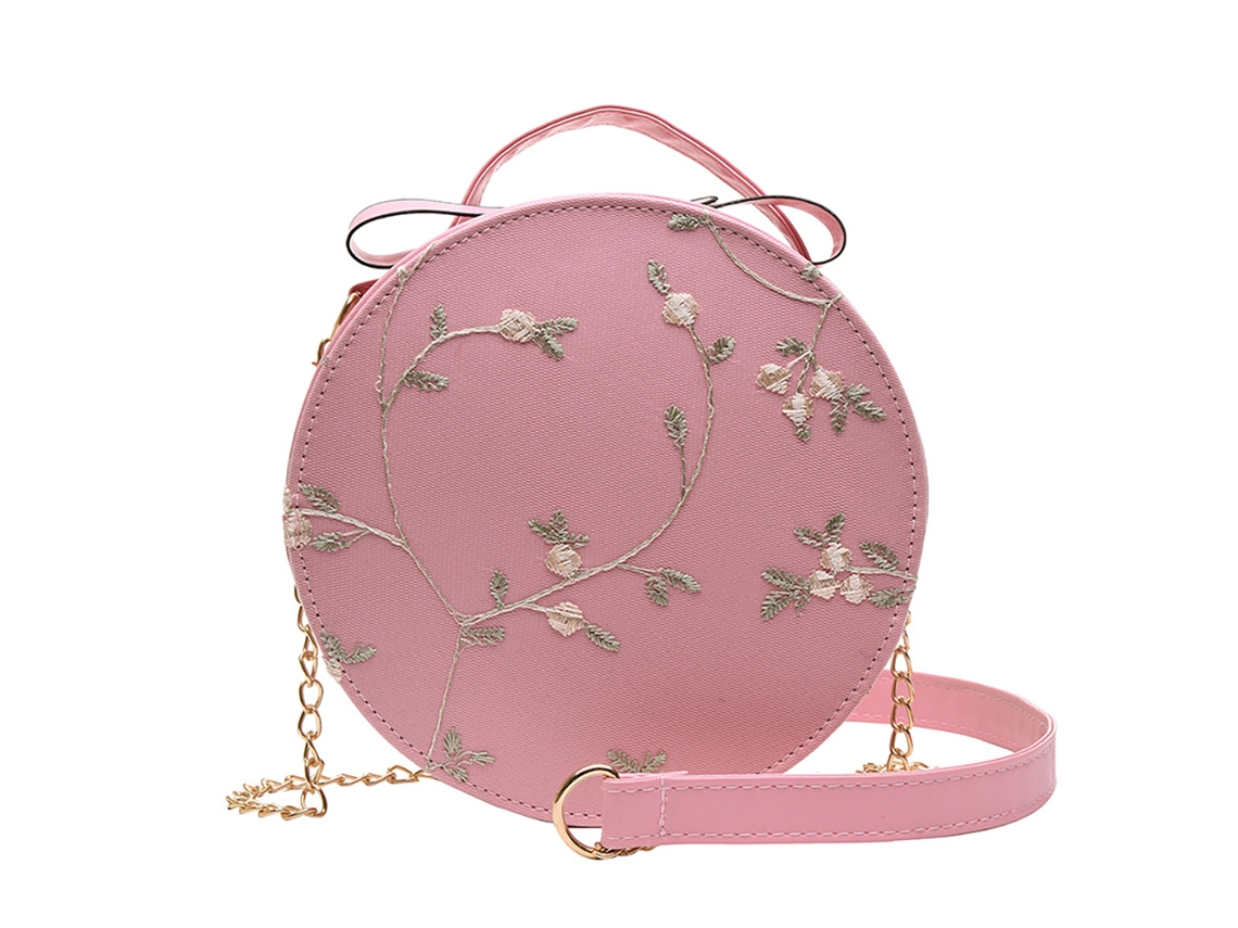 Bolso pequeño vintage redondo para mujer con bordado de encaje y correa de cadena