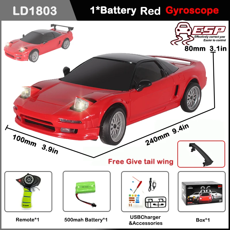 Coche de drift RC 1/18 estilo Nxs, RTR, tracción a las dos ruedas 2.4G, giroscopio ESP, faros LED. Vehículo acrobático realista para niños. Aeuzwr