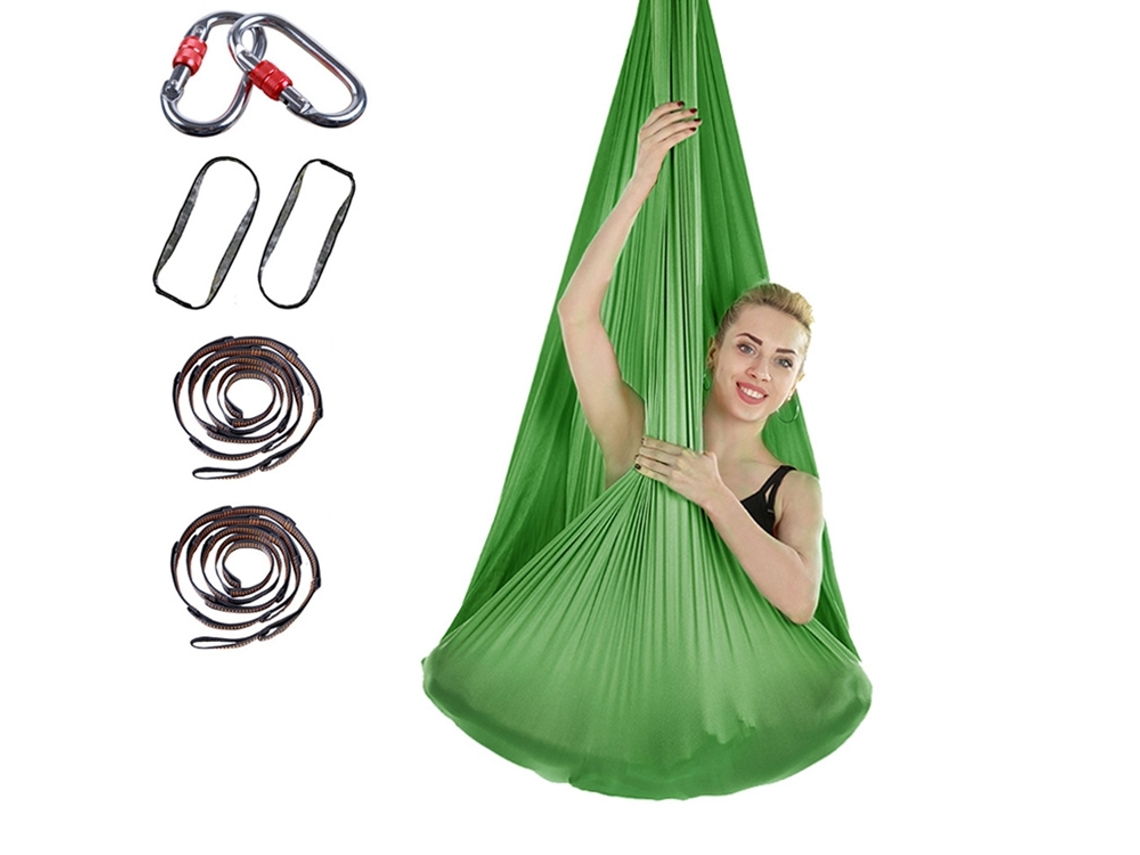 Hamaca de yoga de 400 x 280 cm con correa de extensión y cierre (verde)
