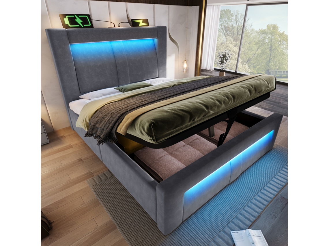 Cama Individual De 90x200 Cm Con Espacio De Almacenamiento, Sistema Hidráulico, Iluminación Led Con Control Por Aplicación, Puertos De Carga Usb