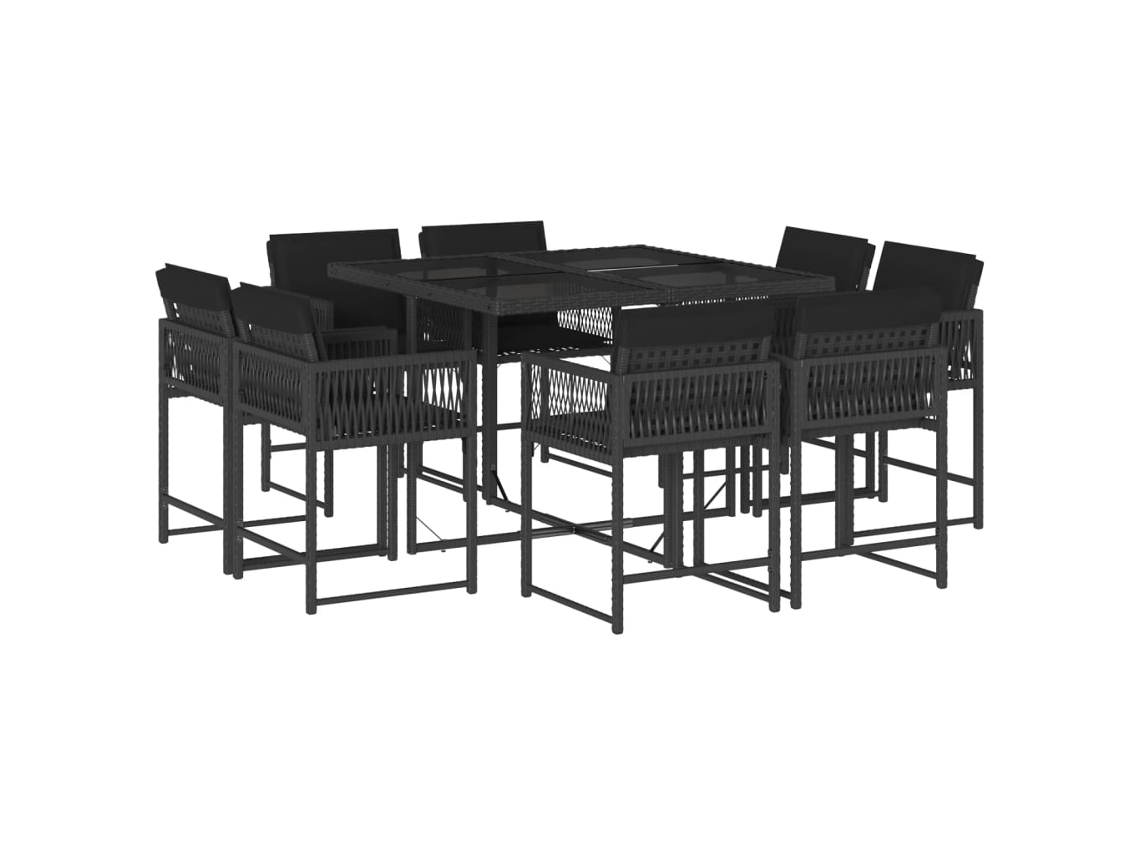 Conjunto 9 de comedor de jardín VIDAXL y cojines ratán sintético negro