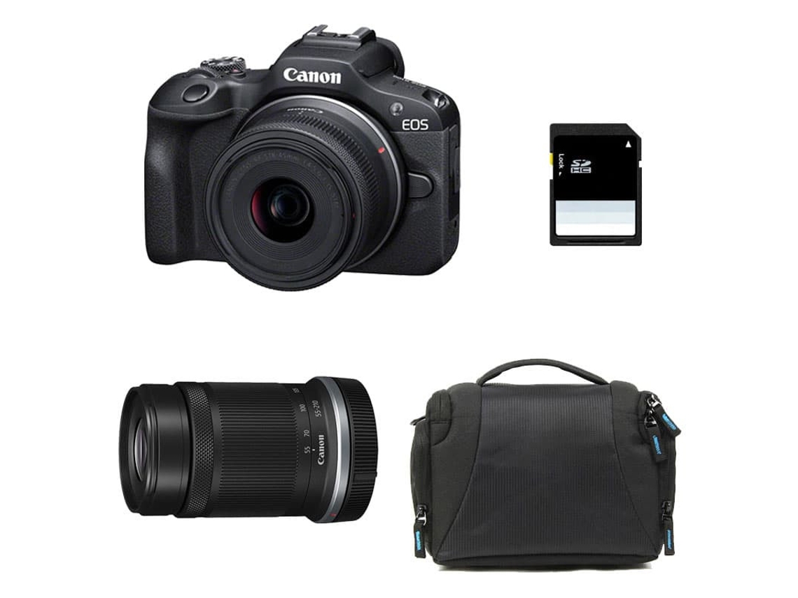 Canon EOS R100 + RF-S 18-45mm F/4.5-6.3 IS STM + RF-S 55-210mm F/5-7.1 IS STM + Bolsa + Tarjeta SD de 8 GB