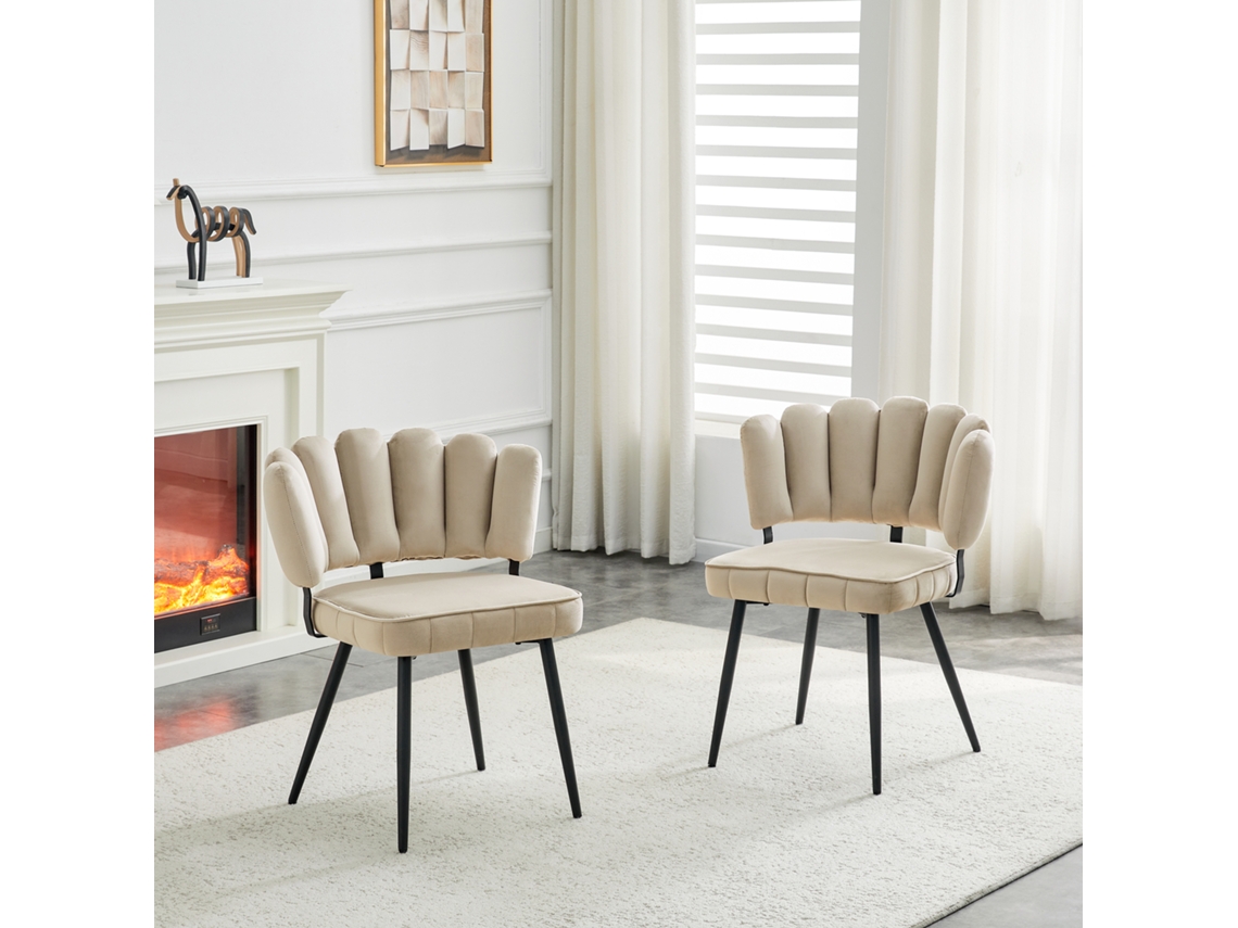 Juego De 2 Sillas De Comedor Europeas En Terciopelo Beige Claro Con Patas Negras.