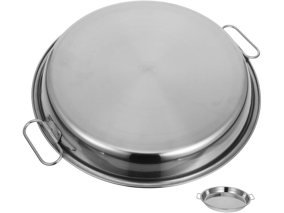 Bandeja de acero inoxidable para servir, plato para aperitivos con asa, fuente redonda para horno de 32 cm. Bandeja de acero inoxidable Gokoco.