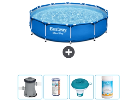 Piscina BESTWAY Round Steel Pro - 366 x 76 cm - Azul - Bomba incluida Filtrar - flotador de cloro - Cloro