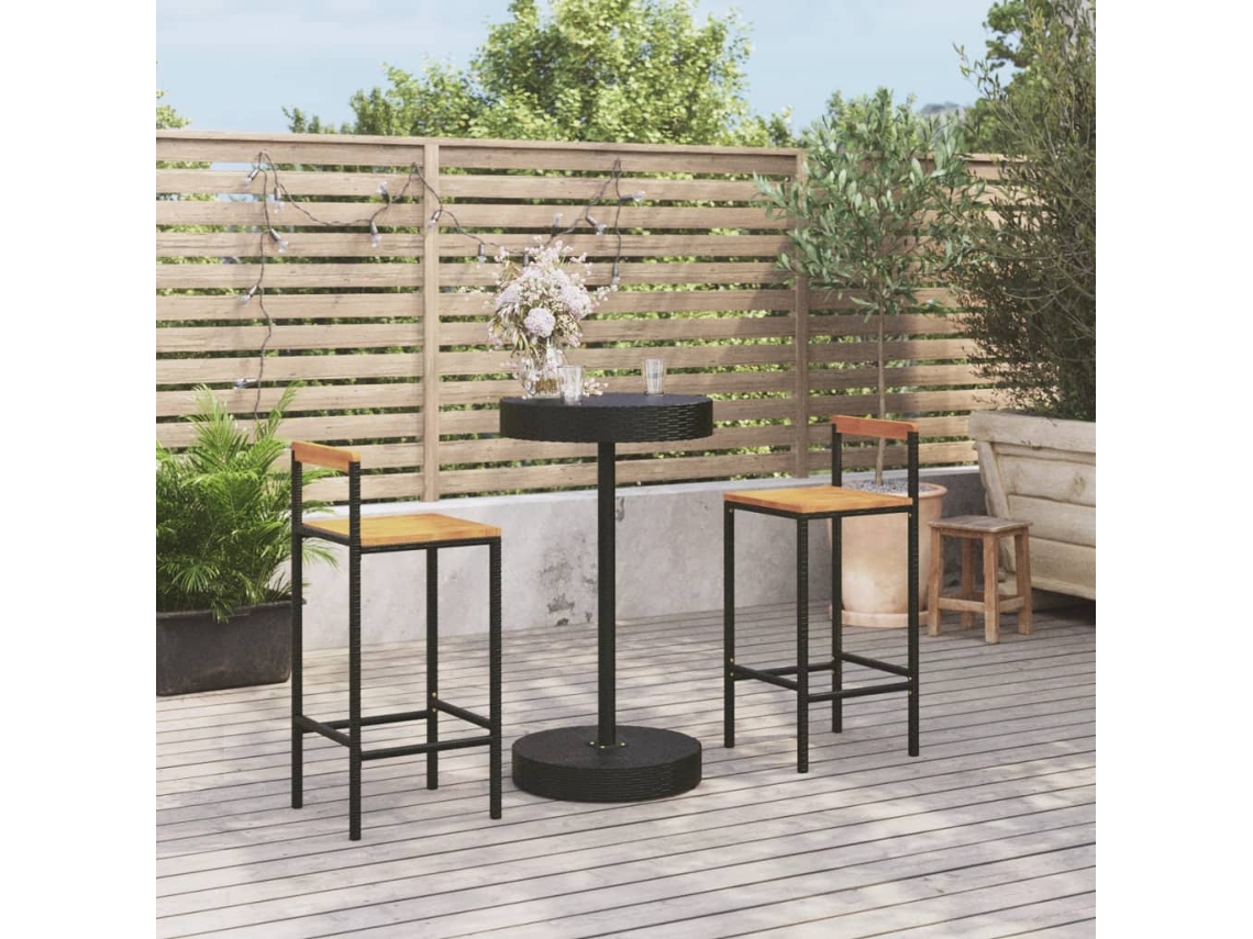 Conjunto de bar de jardín de 3 piezas de mimbre macizo de acacia negro DKD Home Decor