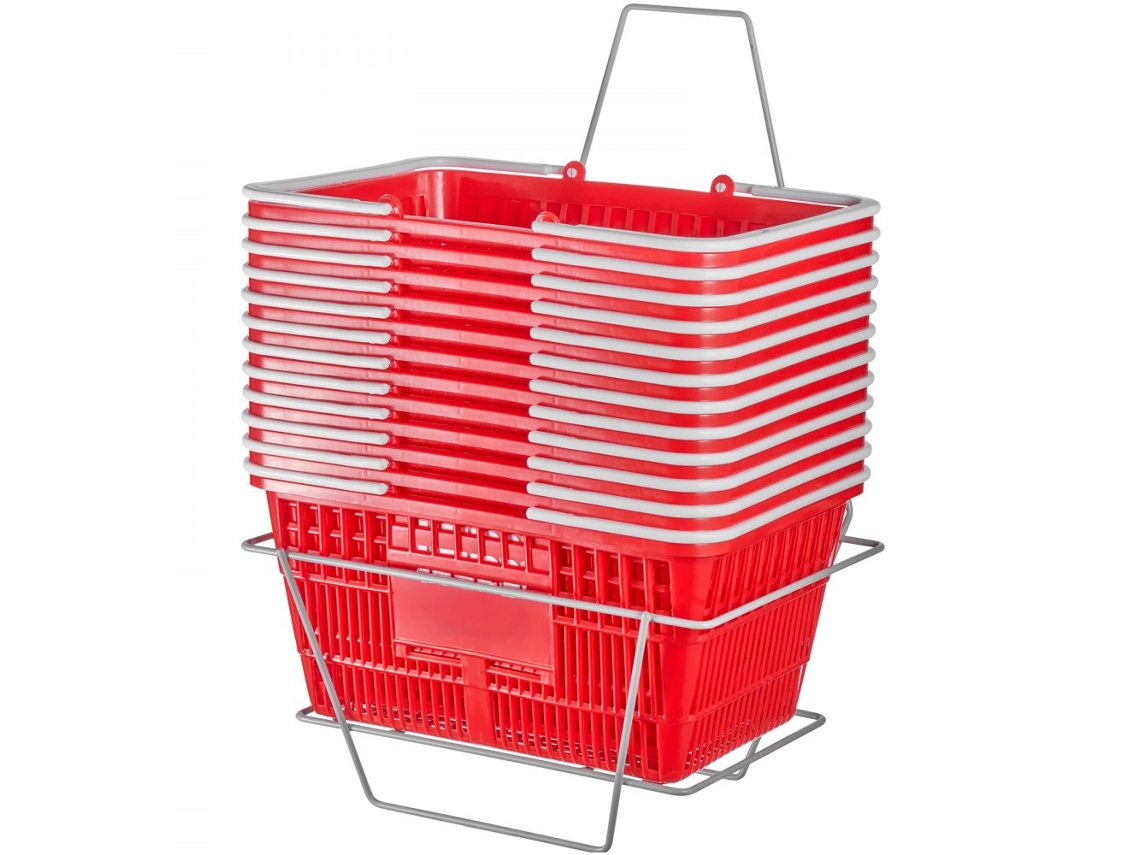 Juego de 12 cestas de compra de plástico de 21L con soporte y asas Tekmaquinas