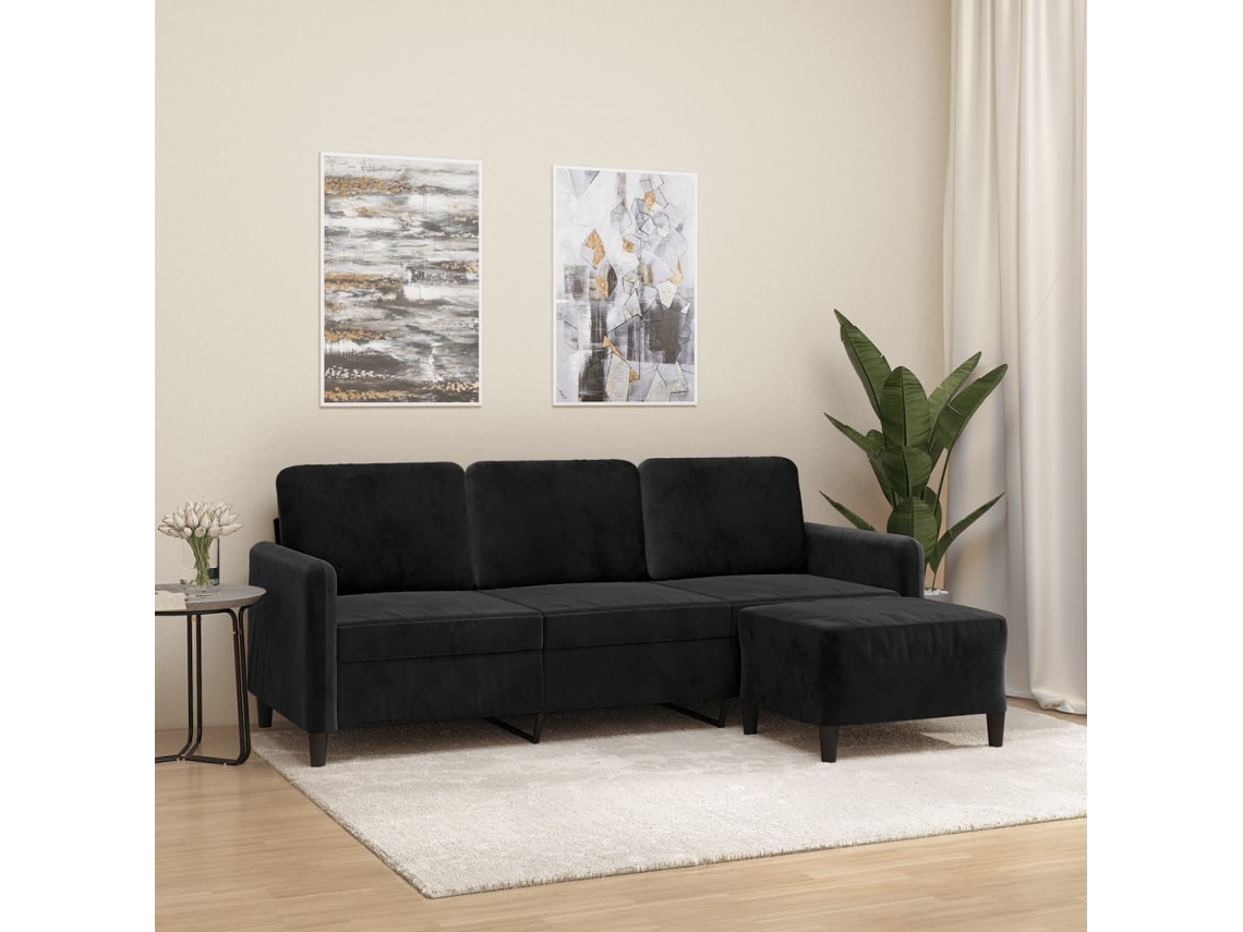 Sofá De 3 Plazas Con Taburete De Terciopelo Negro 180 Cm