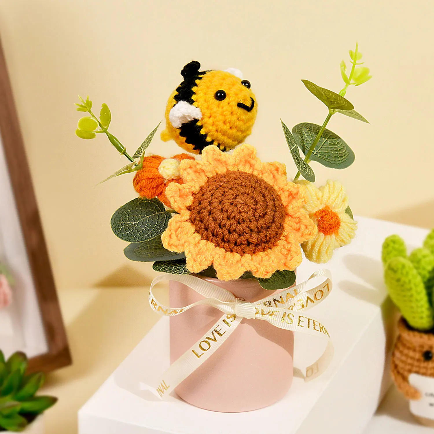 (rosa) Ramo De Girasoles Tejido A Mano, Maceta De Punto, El Regalo Perfecto.