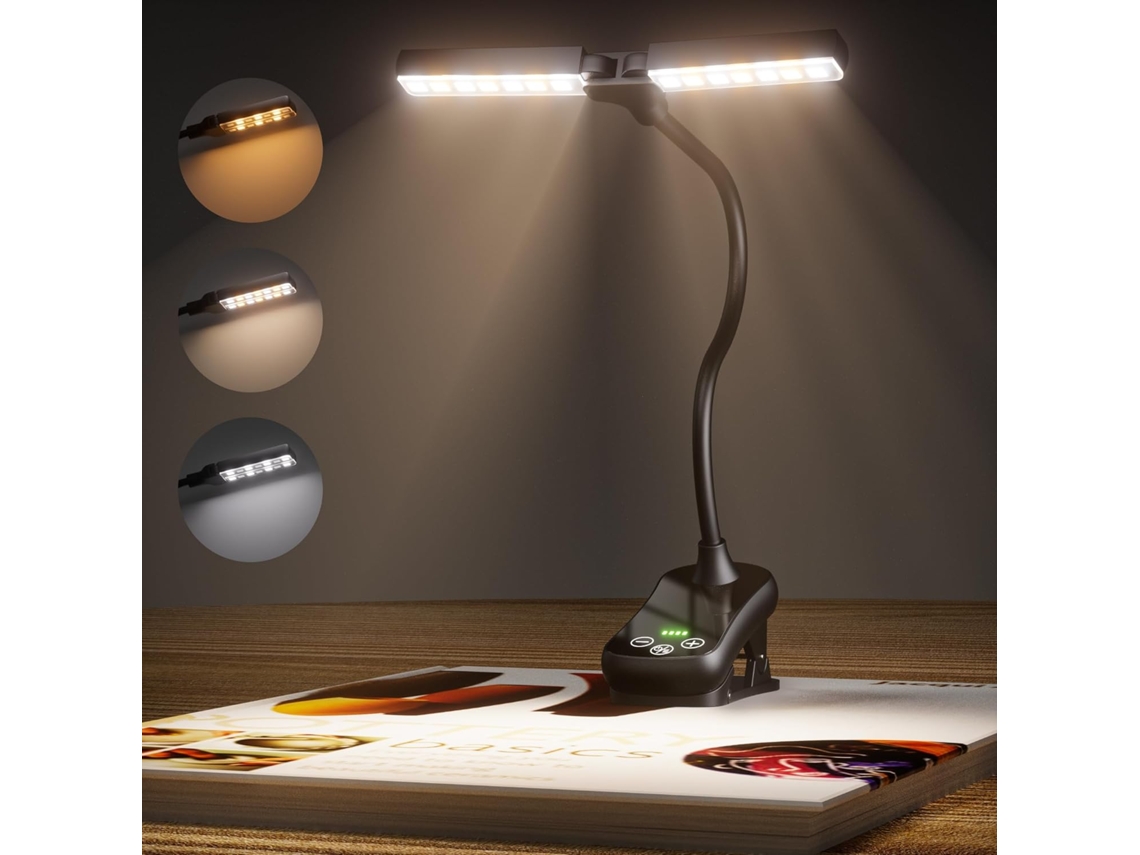 Lámpara de lectura LED con clip, ajuste continuo de brillo y brazo flexible de 360° con conexión USB. Nicecee